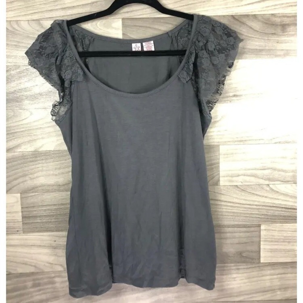 Love On Hanger Womens Blouse Gray Heathered Stretch Scoop Neck Lace Petites L